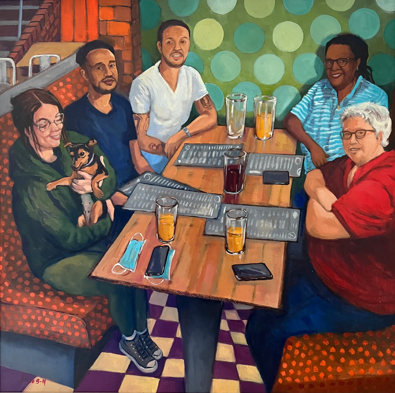 Oil painting by Anne Blankson-Hemans of a family at a restaurant