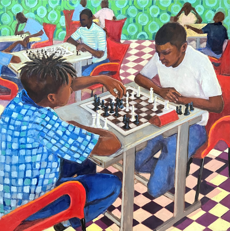 Oil Painting of two boys playing chess by Anne Blankson-Hemans with an Abstract background