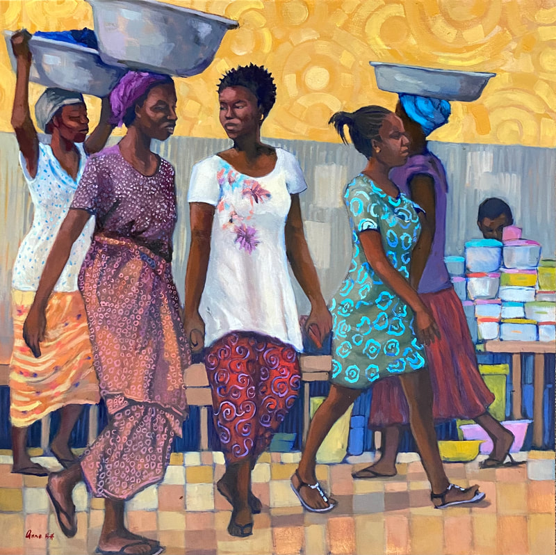 Oil painting by Anne Blankson-Hemans of Ghanaian ladies chatting