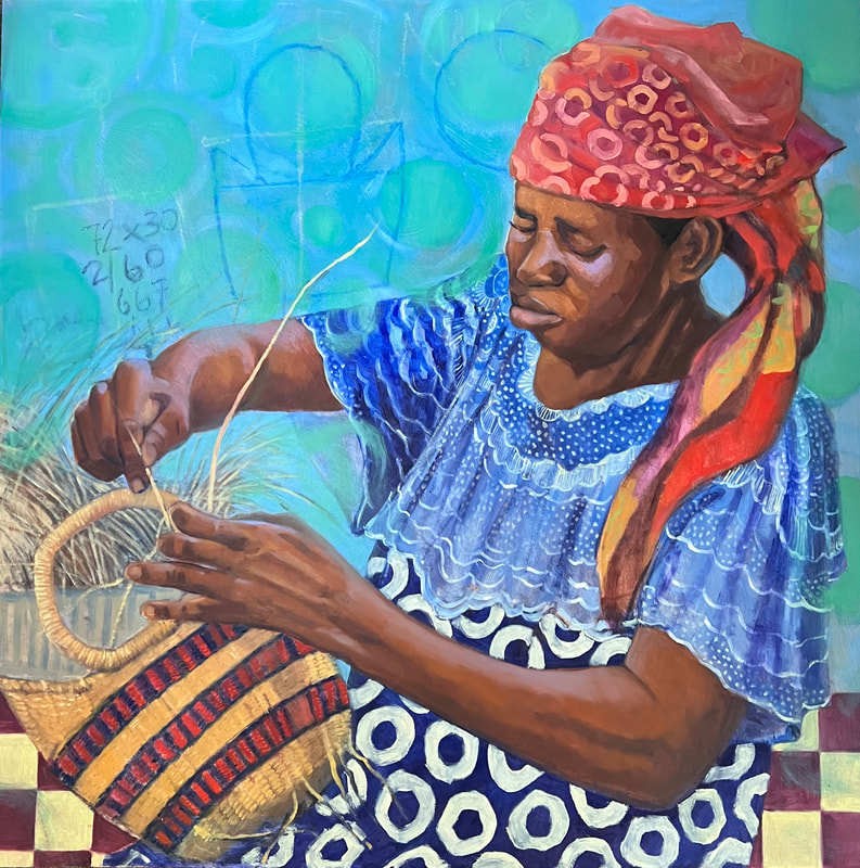 Oil painting by Anne Blankson-Hemans of an African woman basket weaving