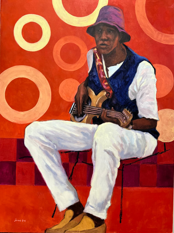 Oil Painting with red background of a man playing an electric guitar by Anne Blankson-Hemans-Hemans