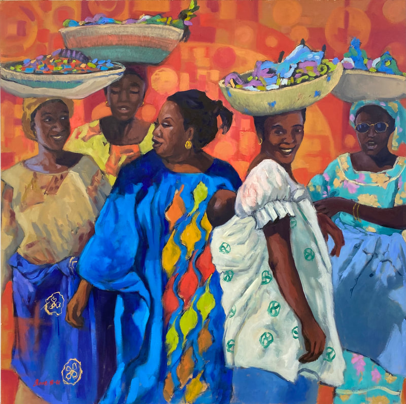 Oil painting by Anne Blankson-Hemans of 5 Senegalese women chatting and smiling