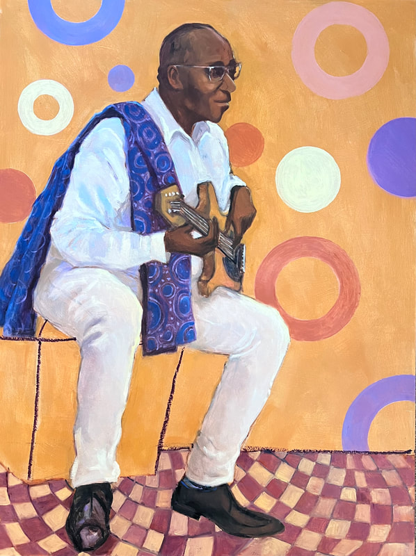 Abstract Oil Painting by Anne Blankson-Hemans-Hemans of a Man sitting playing an electric guitar.
