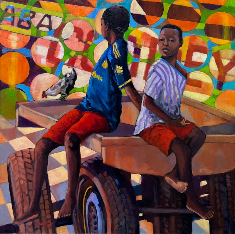 Colourful oil painting with an abstract background of two boys sitting on a trailer