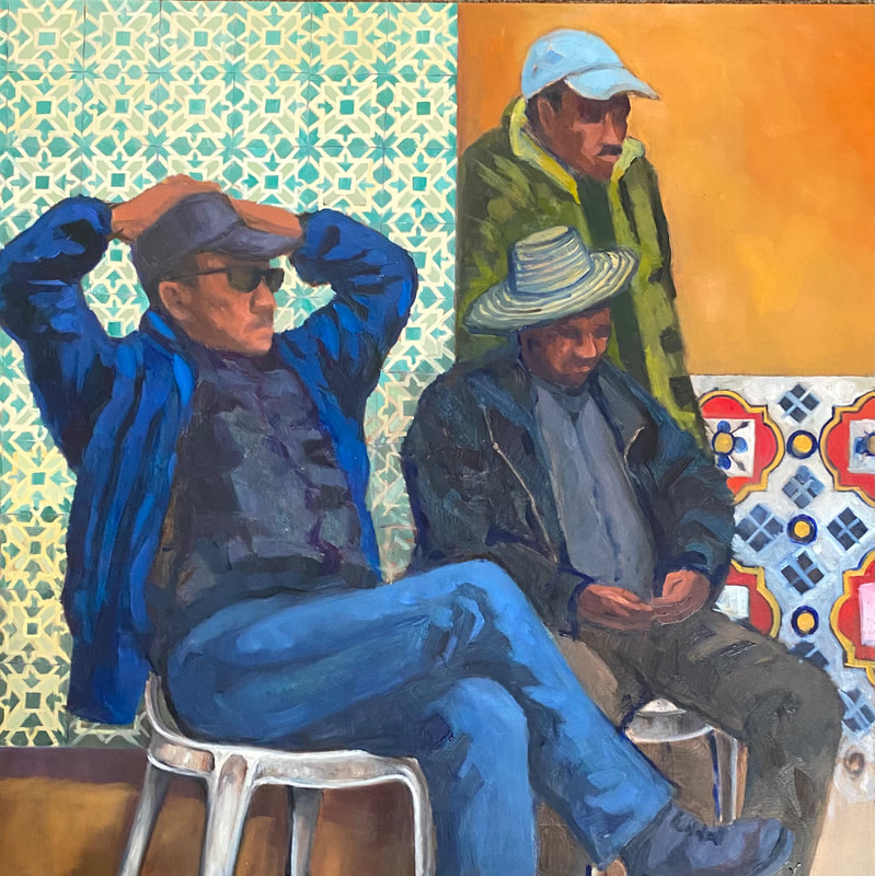 These three men were spotted during a visit to Marrakech in 2011. There was something about the way they were posed and the fact women are seldom seen in a similar situation that inspired me to start this painting
