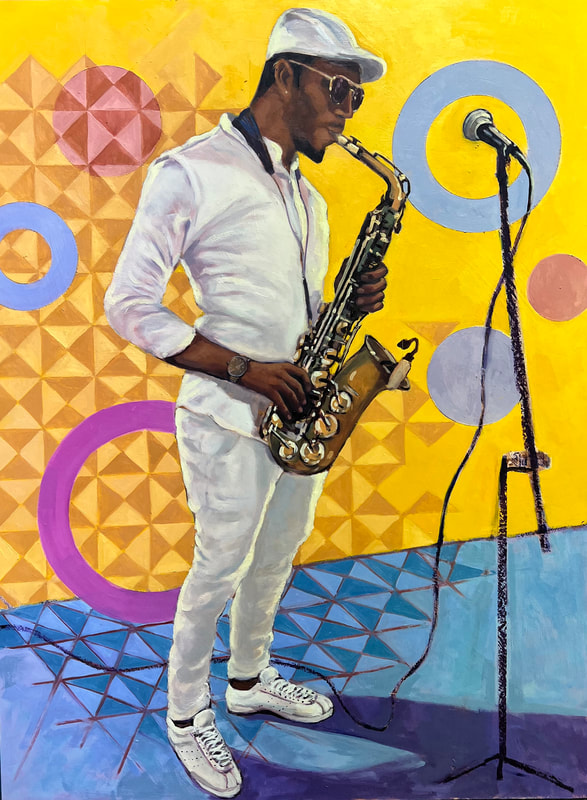 Serene Saxophone - Oil on Board 80xm x 60cm
Framed, black tray frame framed size approx 84x64cm

This painting continues my fascination with people at work. Worked with my usual bright and energetic colours. This and Saxophone Serenade SKU: ABH-047-SS would make an excellent pair.