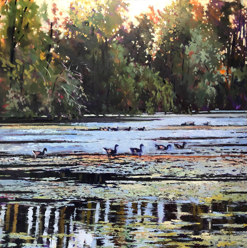 Unfinished, untitled: Started circa 2018 in Northampton. This is the lake at Delapre. My inspiration was the late evening glow amongst the trees.